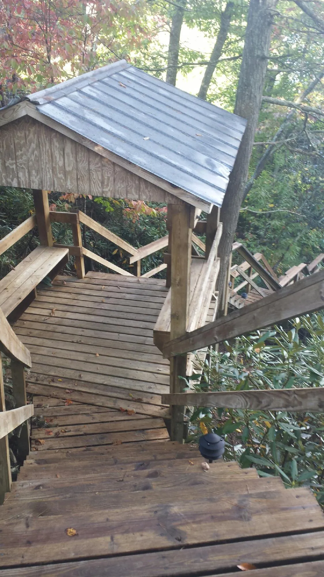 Metal roofed shelter over wooden steps on a wooded walkway — Skylight Repair & Installation work by our crew in Nerstrand